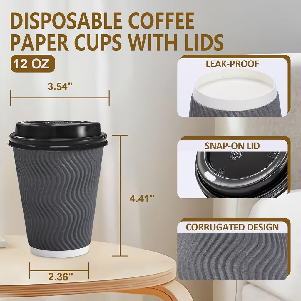 100 Pack 12 oz Coffee Cups with Lids Disposable Paper Cups Gray