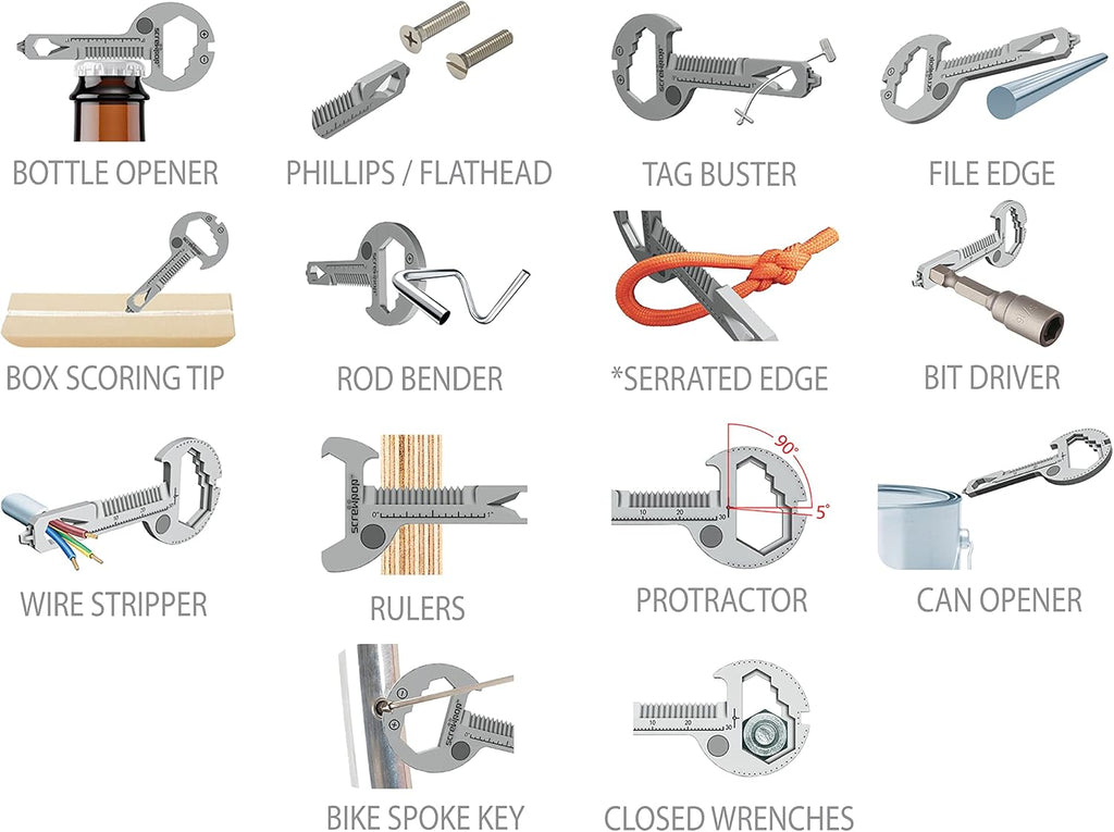 Toolkey 15-in-1 Multi-Tool Ultra Thin Lightweight for Keychain and Carabiner Stainless Steel Silver