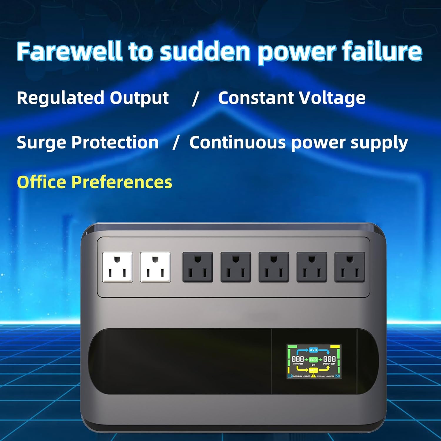 1000VA 500W Offline UPS LCD Battery Backup and Surge Protector for Computer | Gitroso GF1000 Offline Uninterruptible