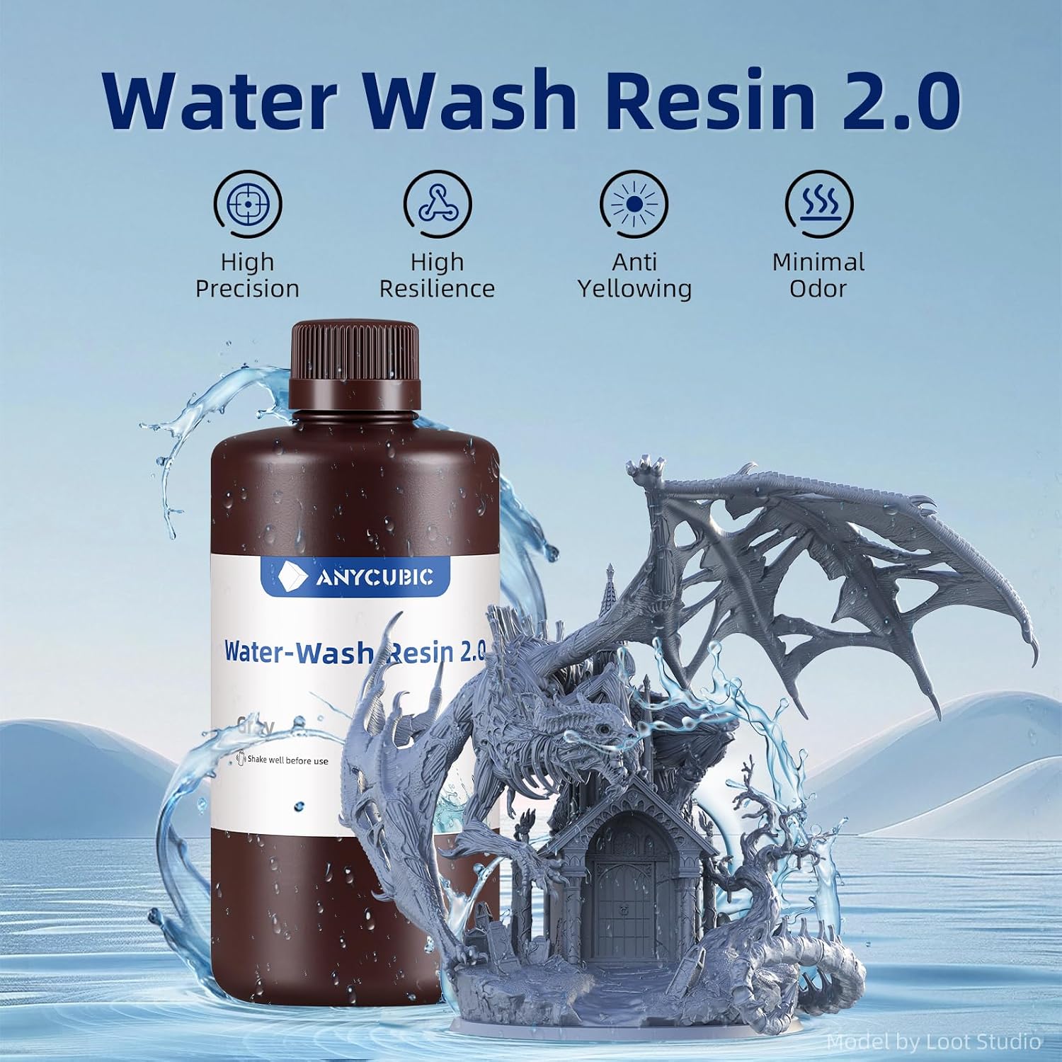 Water Washable Resin 2.0, 3D Printer Resin with Low Viscosity and Fast Printing, 405nm High Precision UV-Curing 3D