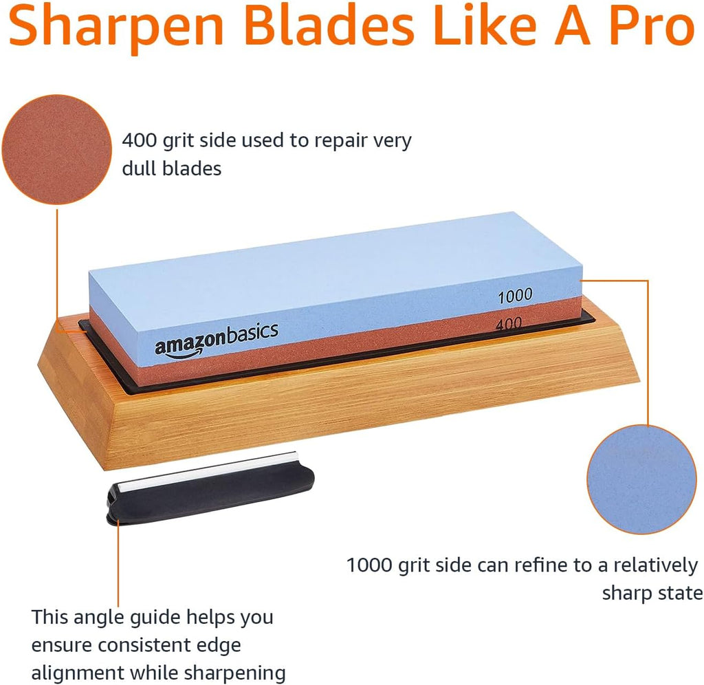 Dual Sided Whetstone Knife Sharpening Stone 400/1000 Grit with Angle Guide, Non-Slip Bamboo Base, Black & Grey