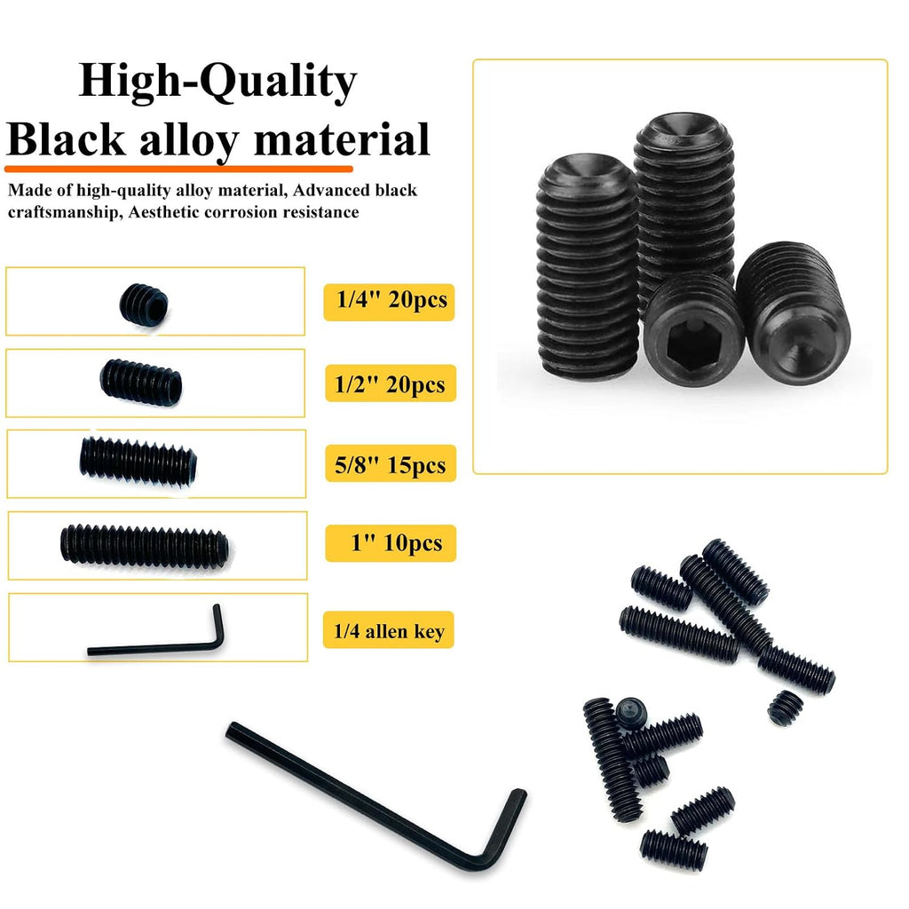 65pcs 1/4-20 4 Sizes Hex Socket Set Screws Assortment Kit, Black Alloy Cup Point Grub Screw for Bathroom Fixtures Door Handles Stripper Pole Rack Screws Precision Instrument ETS