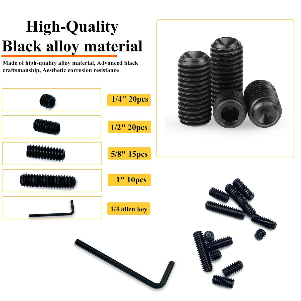 65pcs 1/4-20 4 Sizes Hex Socket Set Screws Assortment Kit, Black Alloy Cup Point Grub Screw for Bathroom Fixtures Door Handles Stripper Pole Rack Screws Precision Instrument ETS