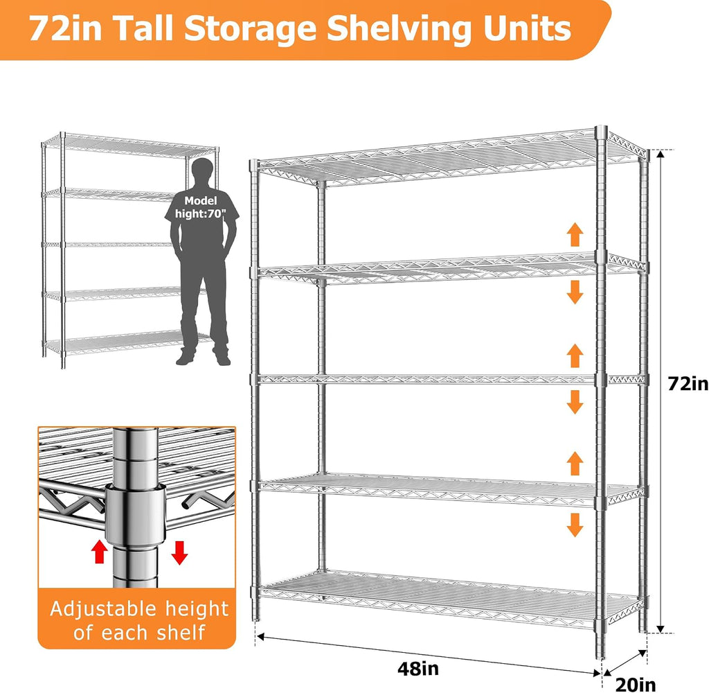 5-Tier Wire Shelving Unit,48" W*20" D*72" H,Max Load 2000LBS