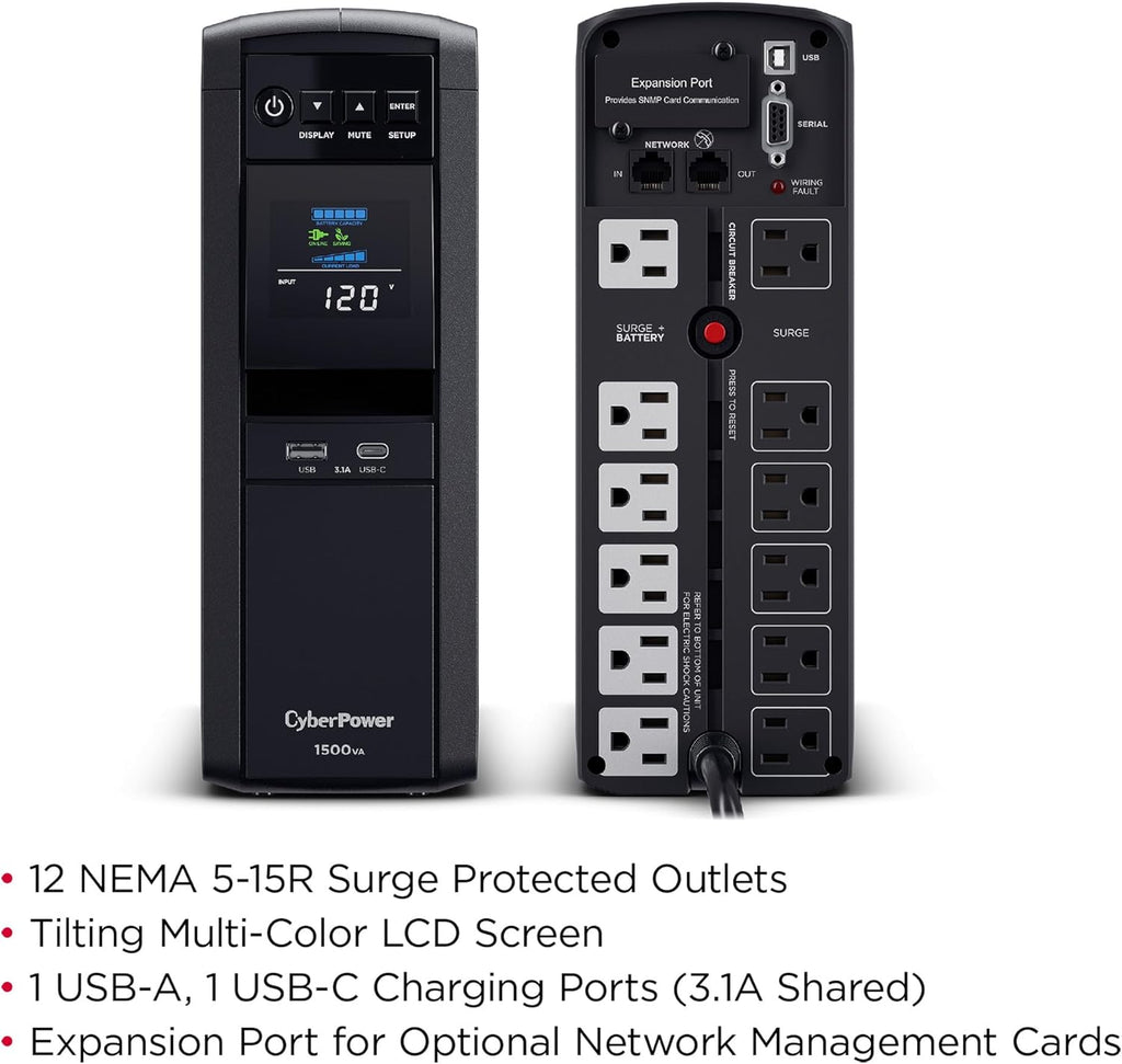 CyberPower CP1500PFCLCD PFC Sinewave UPS Battery Backup and Surge Protector, 1500VA/1000W, 12 Outlets, AVR, Mini
