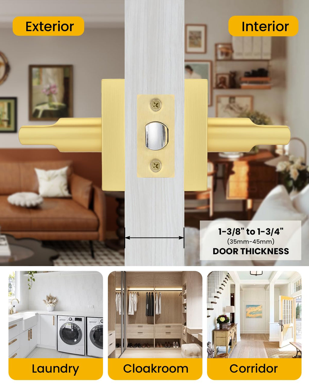 Brushed Gold Closet Door Handles Passage, Hallway - 6 Pack