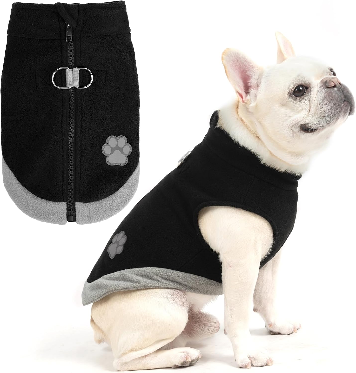 Dog Fleece Vest Sweater Zip Up Warm Pullover Step-in Dog Jacket with Dual D-Ring Leash, Winter Cold Weather