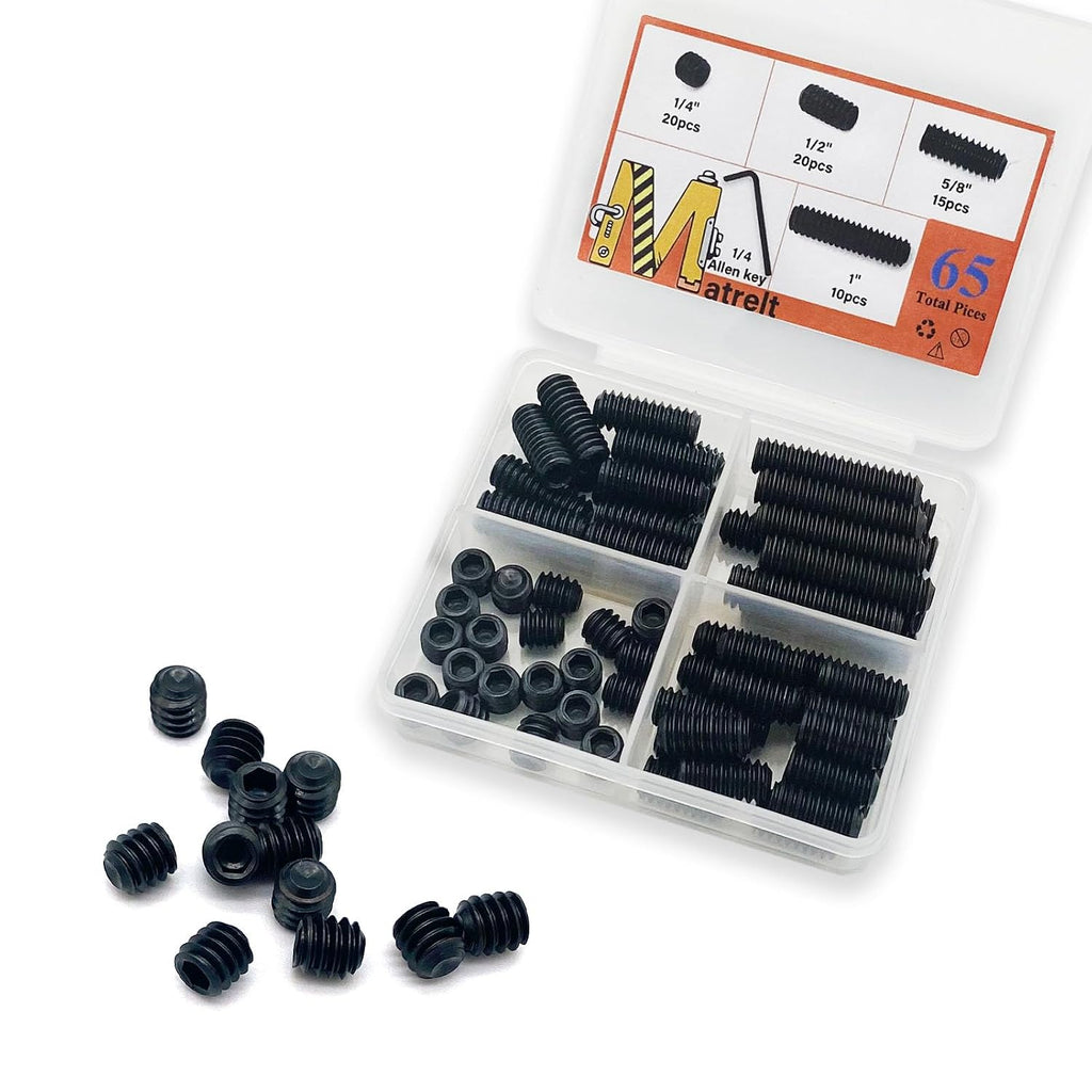 65pcs 1/4-20 4 Sizes Hex Socket Set Screws Assortment Kit, Black Alloy Cup Point Grub Screw for Bathroom Fixtures Door Handles Stripper Pole Rack Screws Precision Instrument ETS