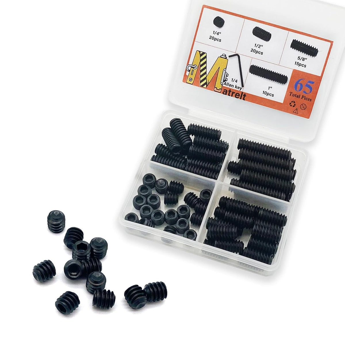 65pcs 1/4-20 4 Sizes Hex Socket Set Screws Assortment Kit, Black Alloy Cup Point Grub Screw for Bathroom Fixtures Door Handles Stripper Pole Rack Screws Precision Instrument ETS