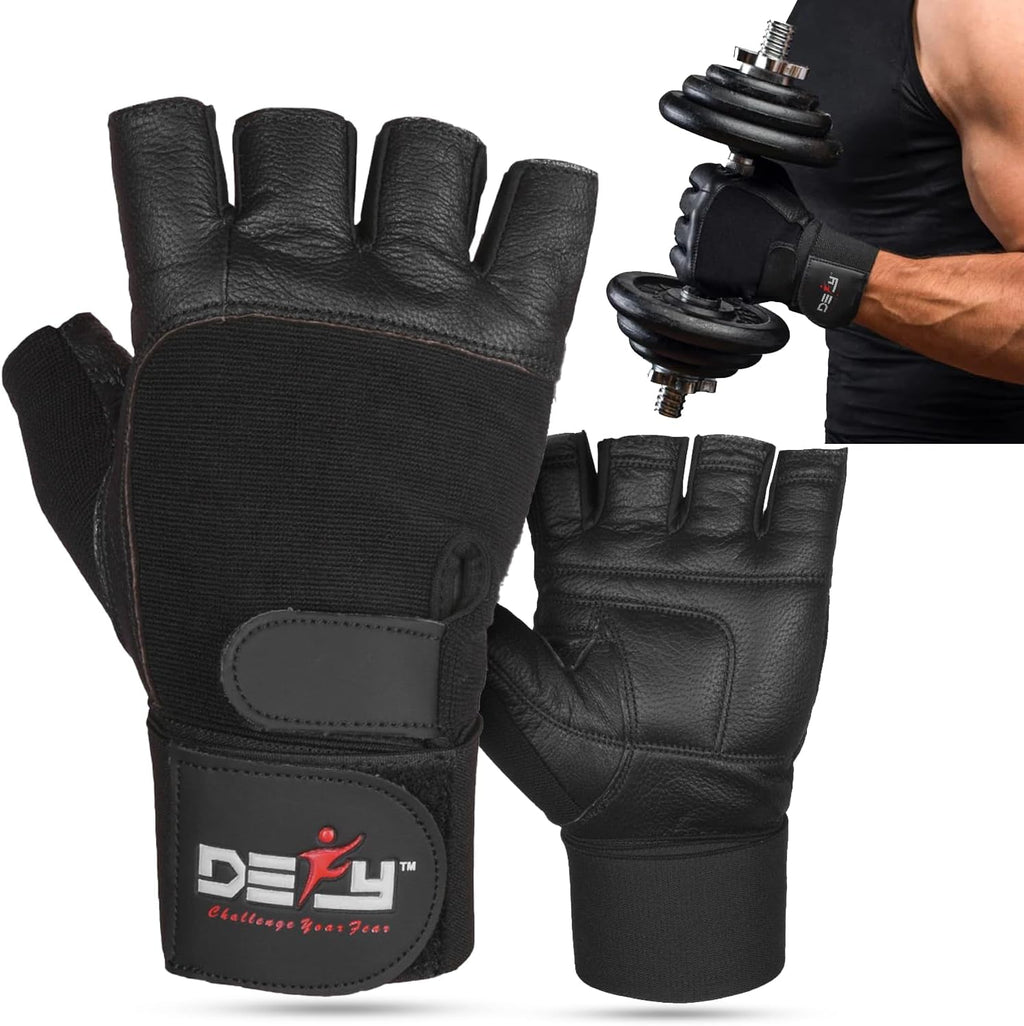 DEFY Padded Weight Lifting Gloves with 13" Long Wrist Wrap Genuine Leather Gym Gloves for Power Lifting, Cross