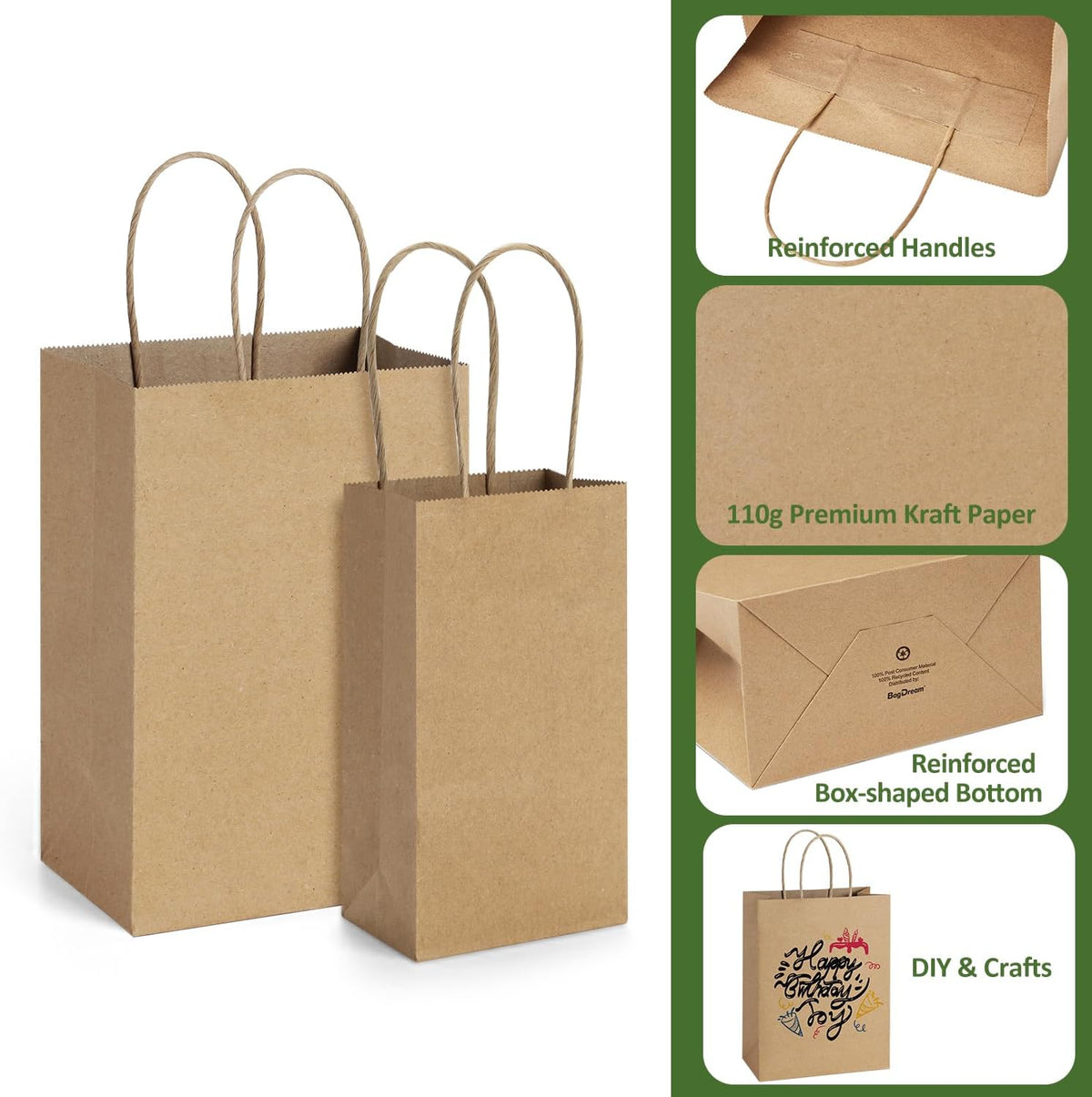 200 Pack Kraft Paper Gift Bags with Handles Assorted Sizes Brown