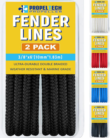 3/8" x 6' Boat Fender Lines, Improved Nylon Boat Ropes, Black | Double Braided Boat Lines for Docking with 5" Eyelet