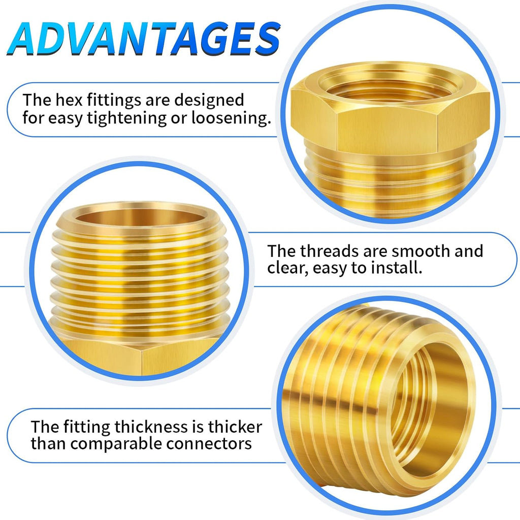 ChillWaves Brass Pipe Fitting, Reducer Hex Bushing 1/2" NPT Male x 3/8" NPT Female Thread Adapter(12-PACK)