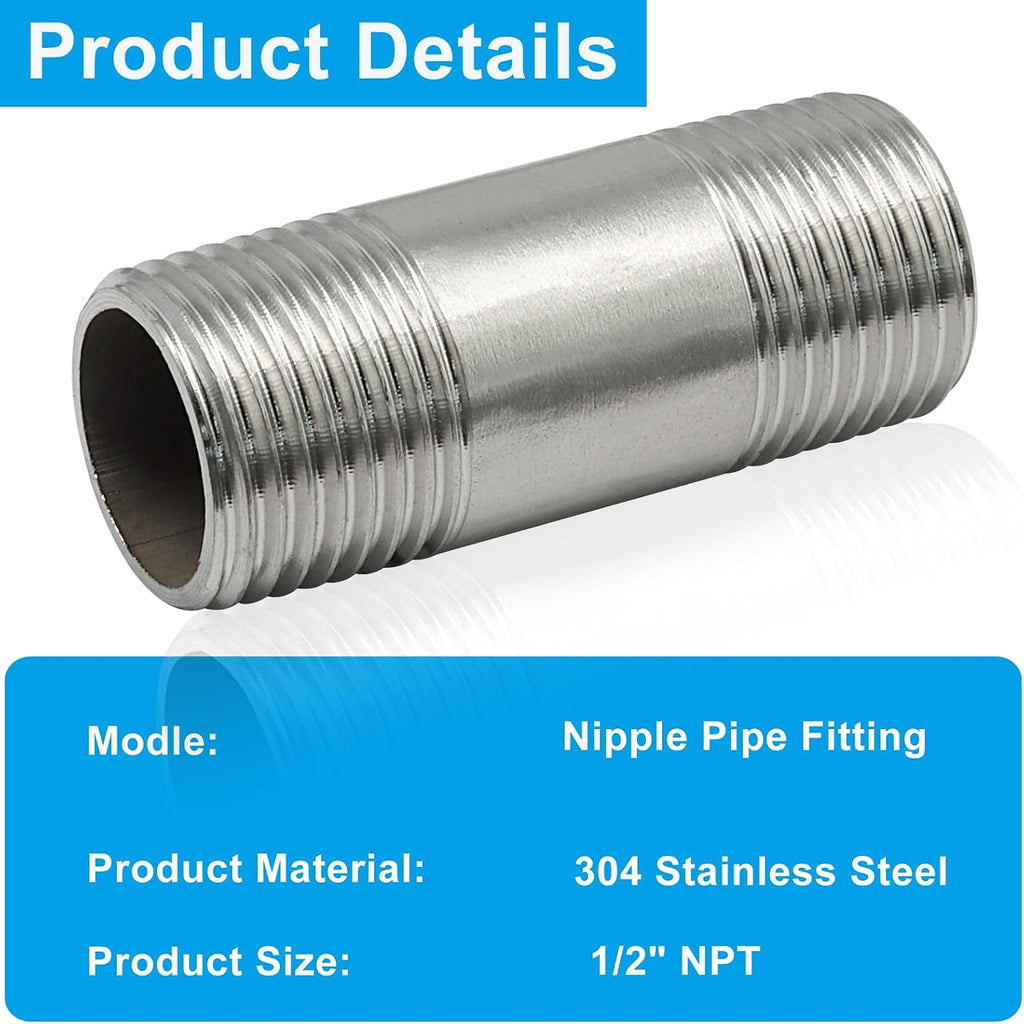 2" Stainless Steel Nipple Pipe Fitting, 1/2" NPT, 2 Pcs