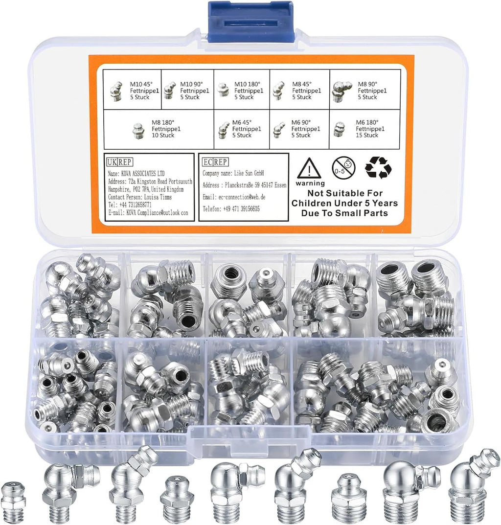 60 Pcs Metric Grease Fittings Kit, Hydraulic Zerk Assortment