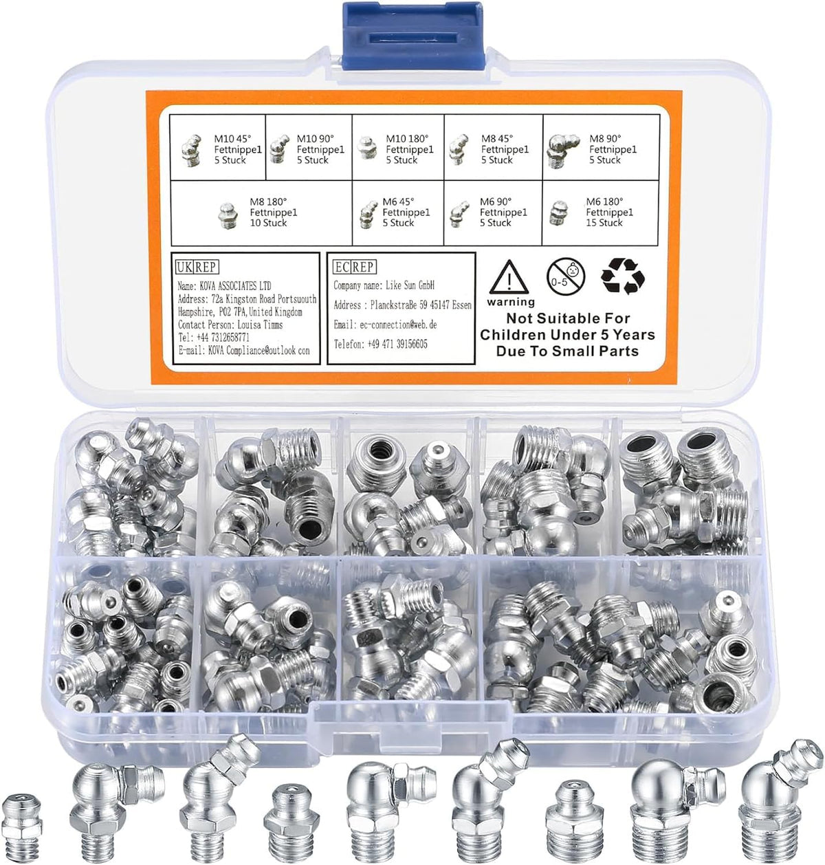 60 Pcs Metric Grease Fittings Kit, Hydraulic Zerk Assortment