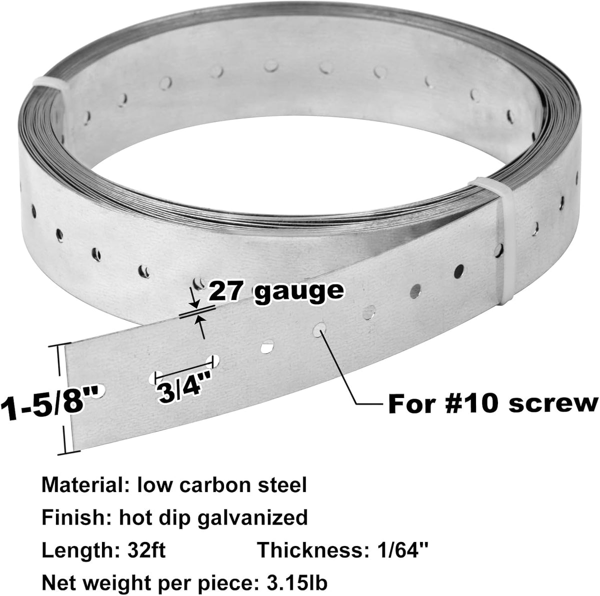 32ft Metal Strapping,1-5/8" Width Perforated Steel Coil Strap,27 Ga