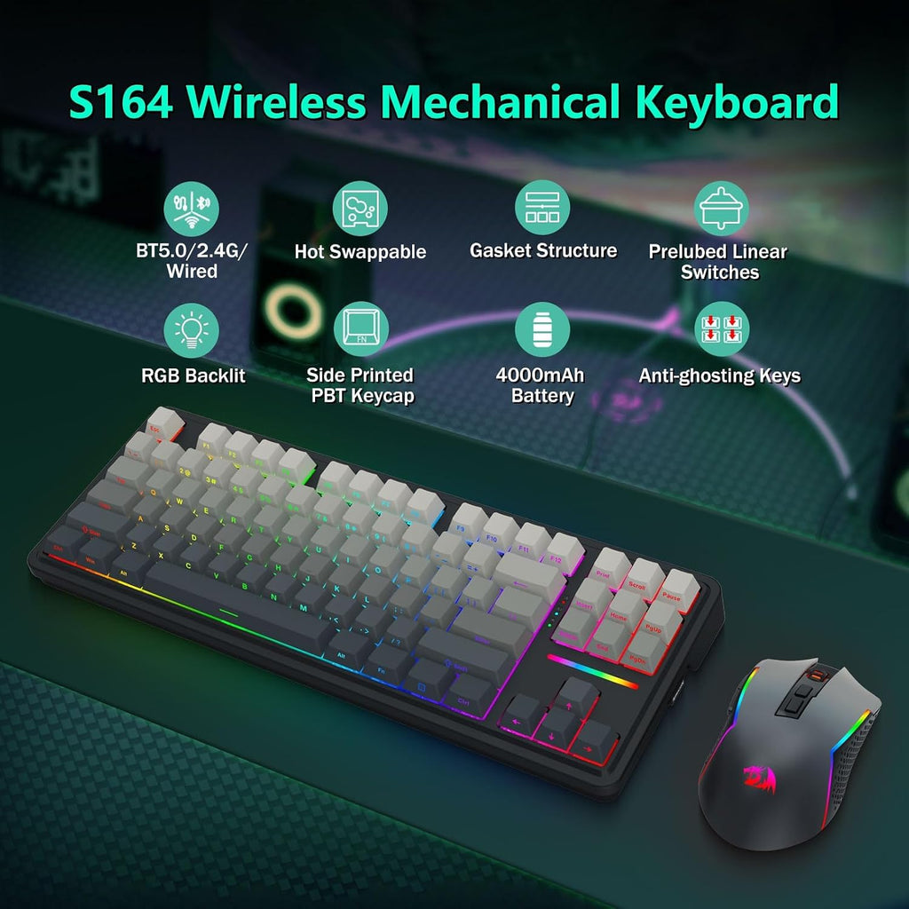 Wireless Mechanical Keyboard and Mouse Combo, RGB Backlit, Black | Bluetooth/2.4Ghz/USB-C Wired, TKL Creamy Gaming