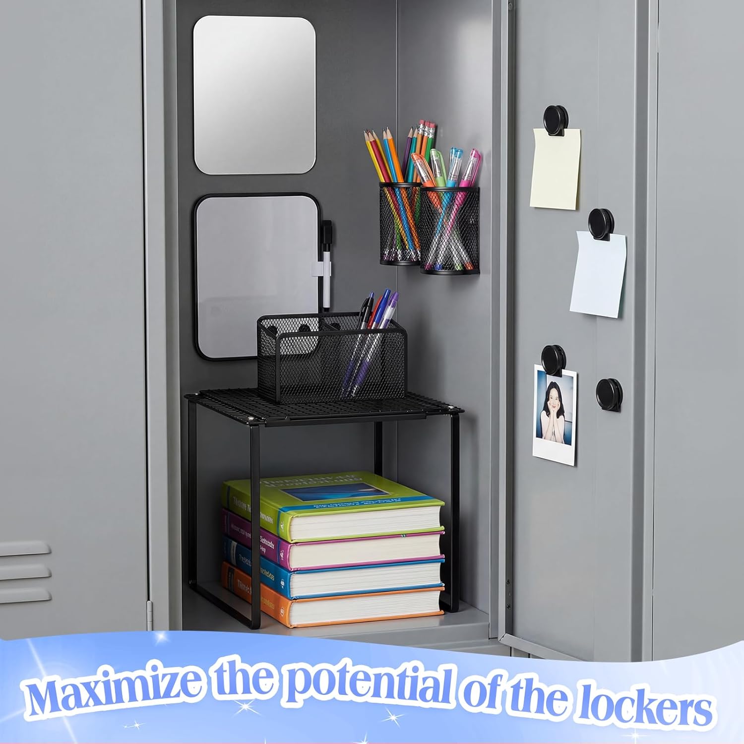 Adjustable Locker Shelf Organizer Set with Magnetic Accessories, Locker Shelf Adjustable 10.6–15 Inch with Magnetic