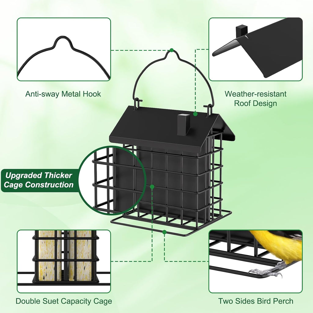 All-Metal Double Suet Bird Feeder for Outdoors Hanging, Black Roof