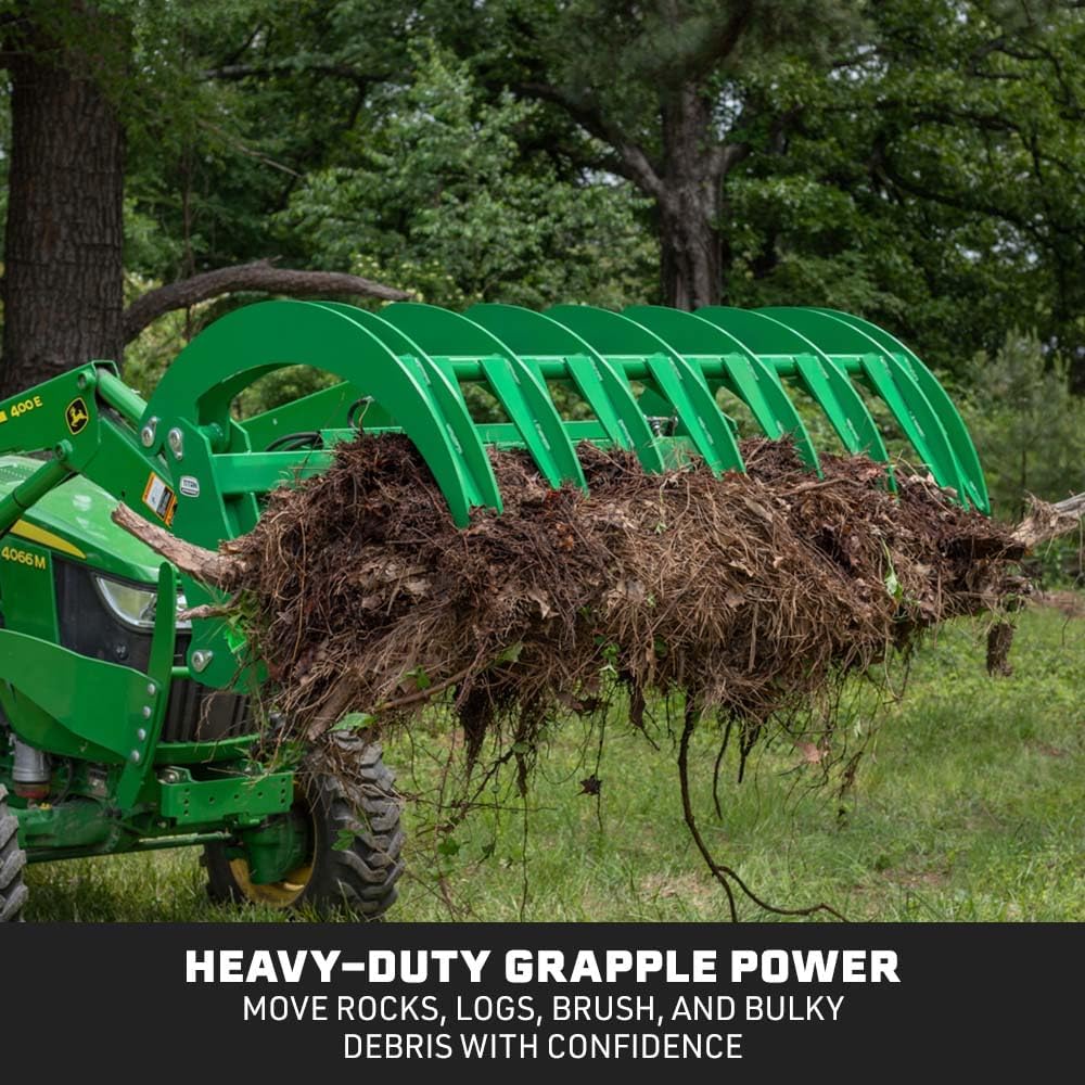 72" HD Root Grapple Rake Attachment, Fits John Deere Hook & Pin Tractors, Twin 3,000 PSI Cylinders, Clears Rocks
