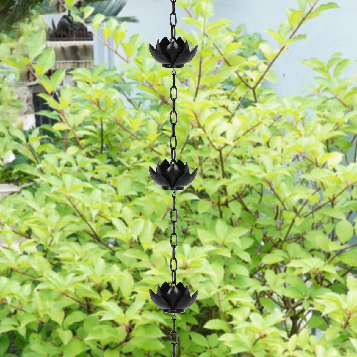 8.5ft Black Lotus Rain Chain for Gutter Downspout Outside