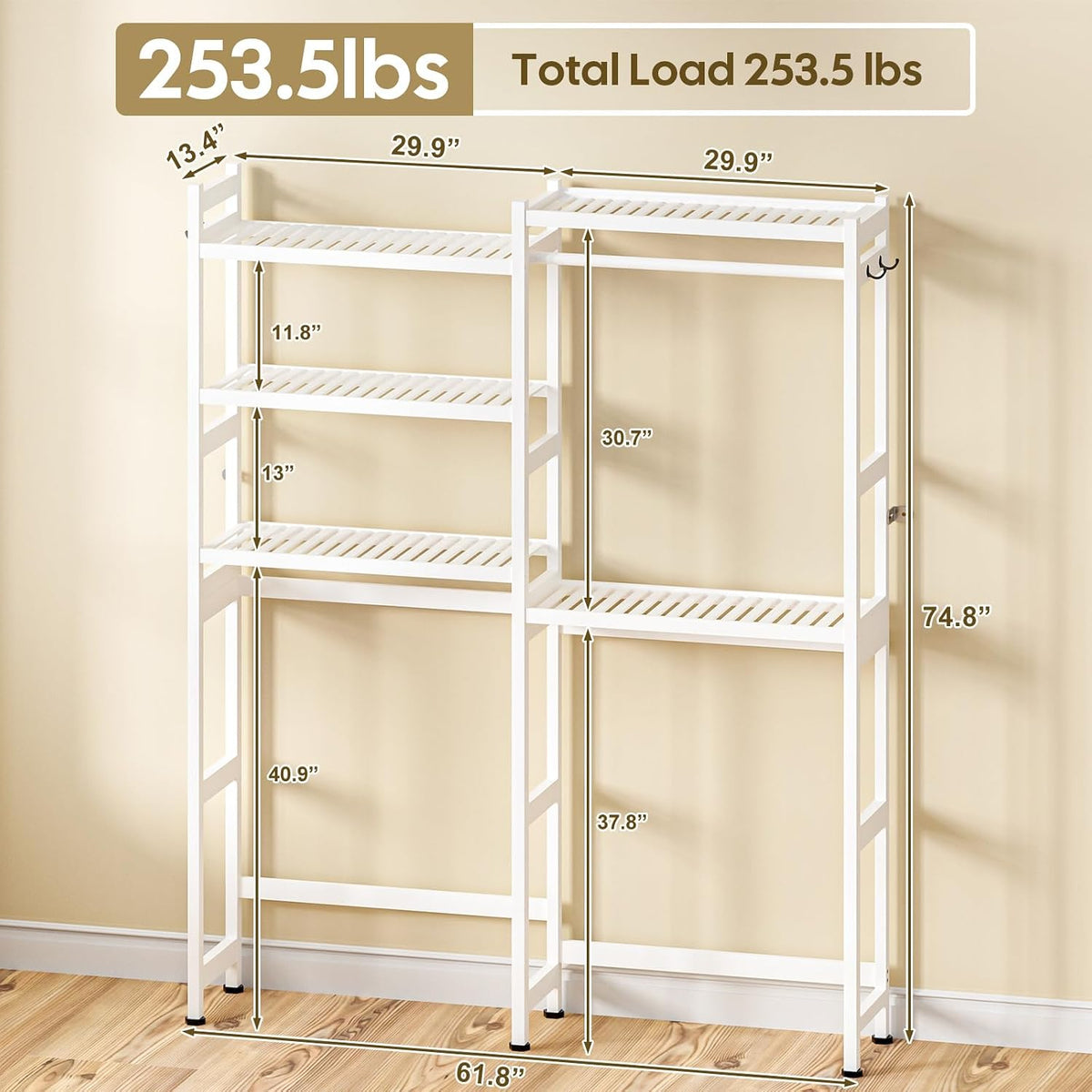 Over The Washer Dryer Storage Shelf: Bamboo 5 Tiers (White)