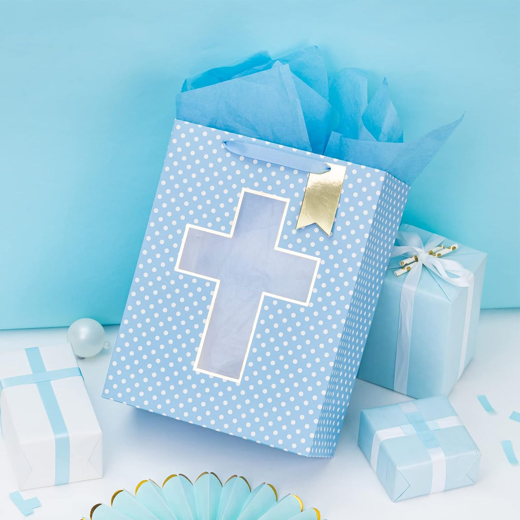 Blue Gift Bag with Cross Design, Tissue Paper for Baby Boy Baptisms, Christenings, First Communions Religious