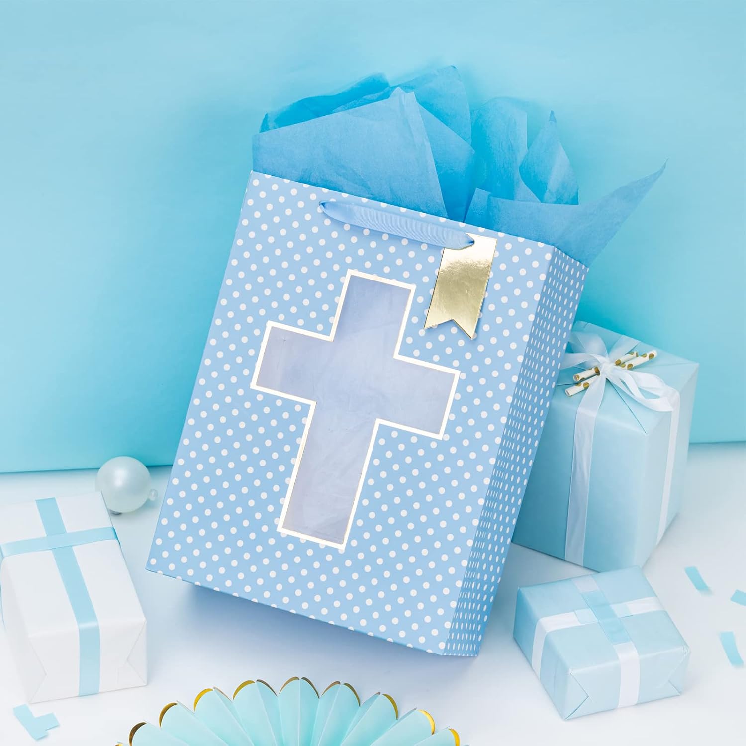 Blue Gift Bag with Cross Design, Tissue Paper for Baby Boy Baptisms, Christenings, First Communions Religious