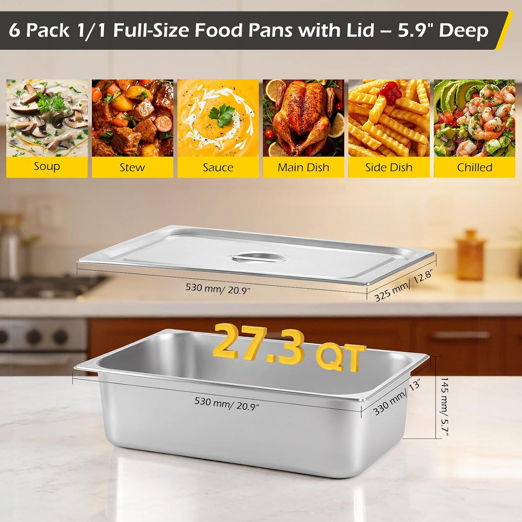 Hotel Pans with Lid Full Size Food Pan 6 Pack Steam Table Pans