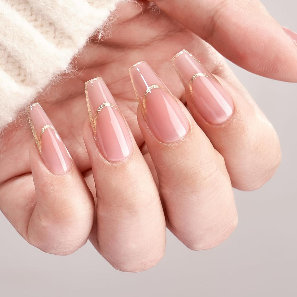 Press On Nails, Long Coffin French Tip Nails, 32 Pcs Full Kit
