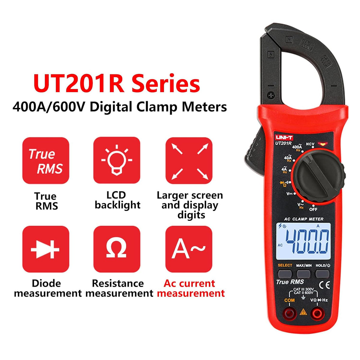 UNI-T UT201R Digital Clamp Meter 4000 Counts Multimeter Auto Range True RMS Clamp Meter DC Current Meter