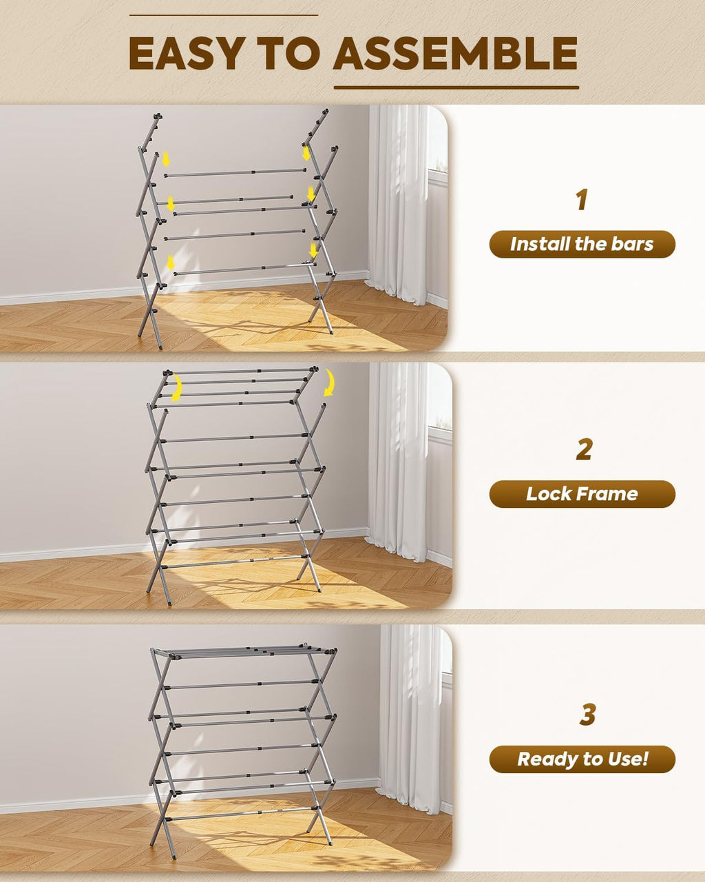 3-Tier Extendable Clothes Drying Rack, Small & Foldable, Grey | 37.4"H x 33.8"W x 11.2"D, Space-Saving Collapsible