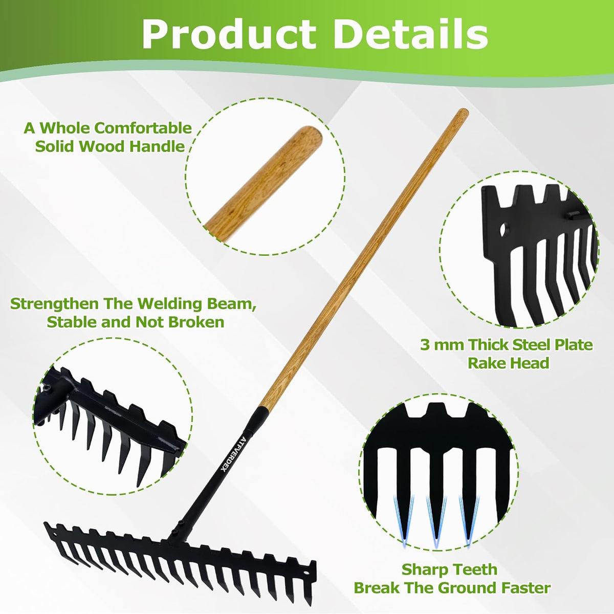 Garden Rake, 60" Wooden Handle with 17-Tine Metal Bow Rake, Secure Fit | Stop Back Pain! Rock Rake Heavy Duty for