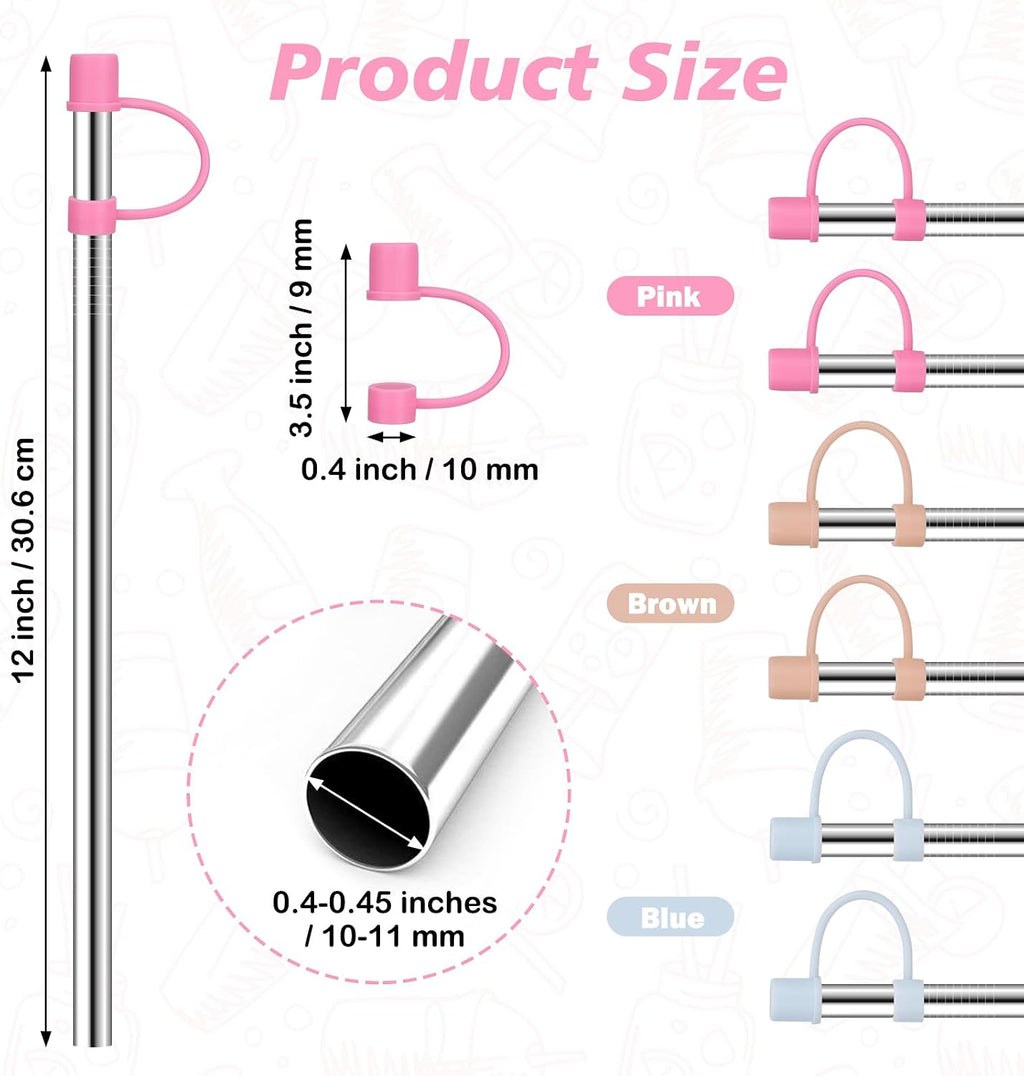 12" Stainless Steel Straws with Covers fit Stanl-ey 40 oz tumbler | Wide Straw Replacement with Silicone Tips & Cover