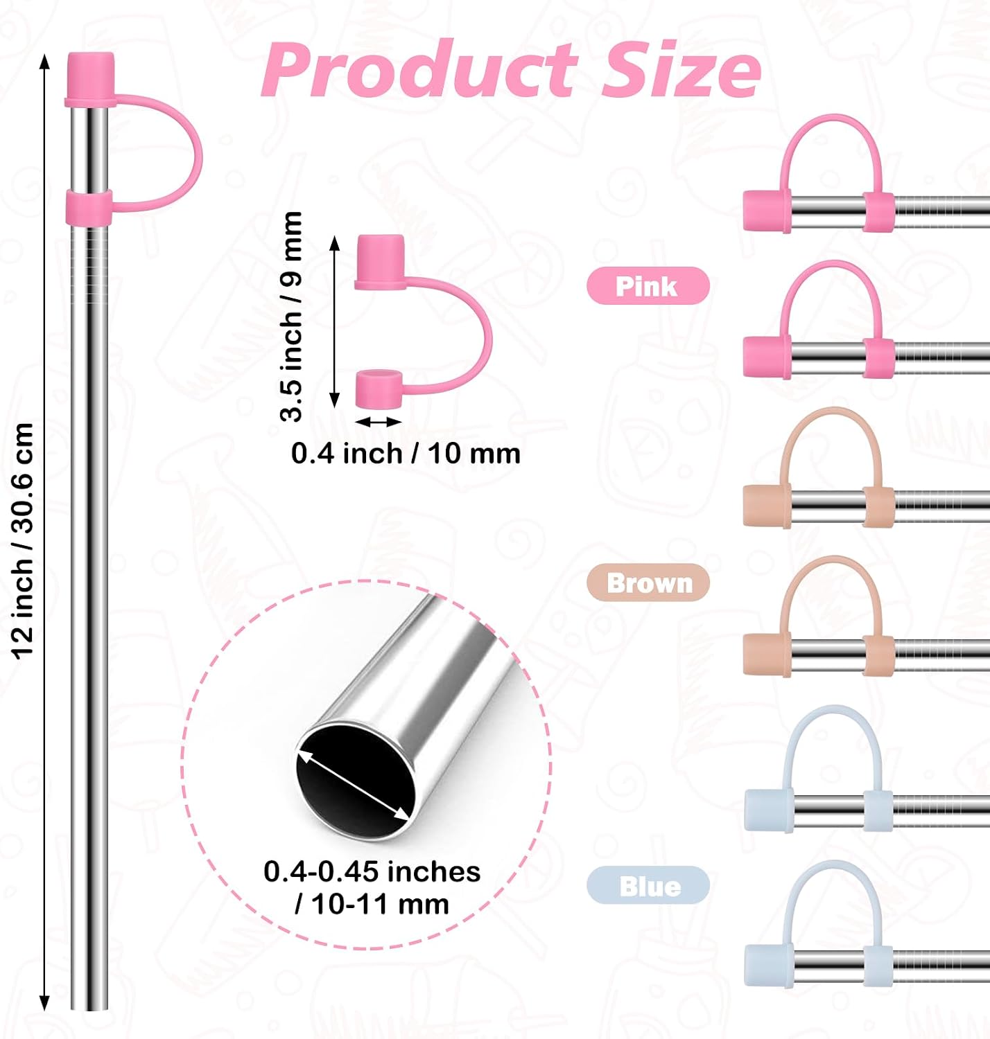 12" Stainless Steel Straws with Covers fit Stanl-ey 40 oz tumbler | Wide Straw Replacement with Silicone Tips & Cover