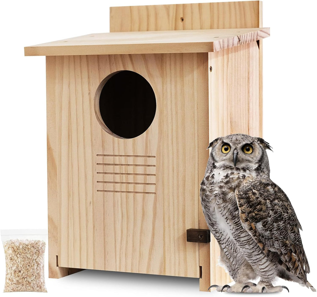 Owl House for Outdoors - Wood Owl Nesting Box for Wild Screech Owls, Waterproof & Ventilated Bird House with Predator