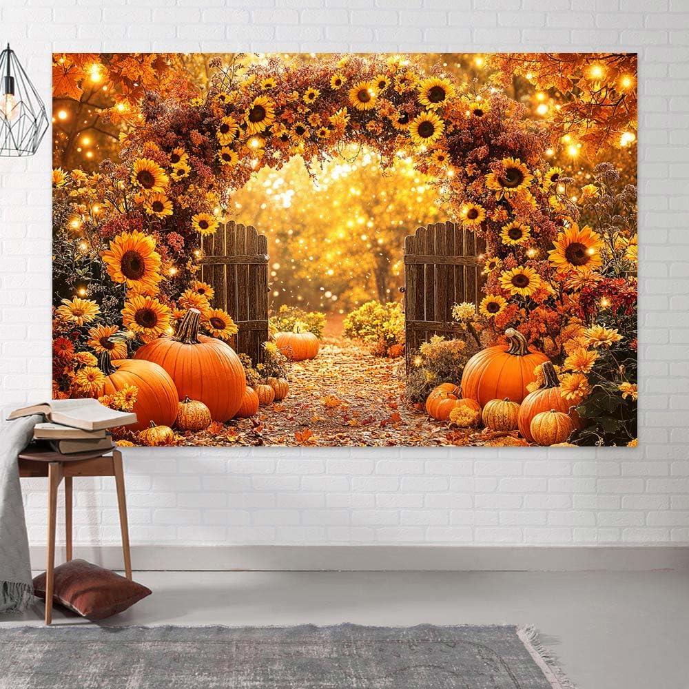 7 x 5 ft Fall Backdrop Autumn Sunflower Arch Forest Leaves Pumpkins Scenery Rustic Trail Harvest Photography