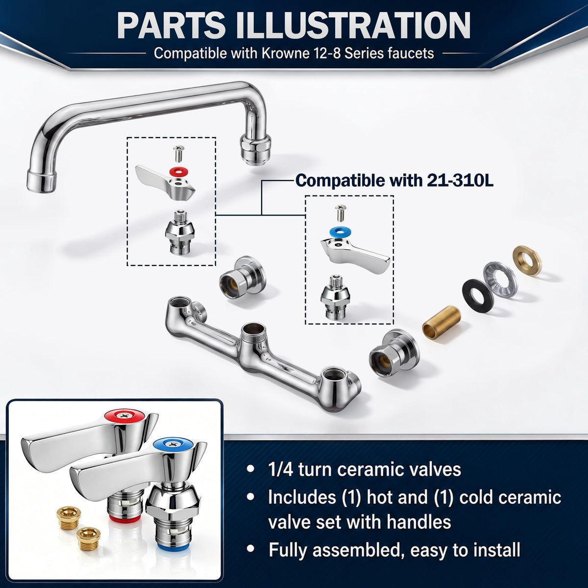 1/4 Turn Ceramic Faucet Valve Kit Compatible with Krowne 21-310L