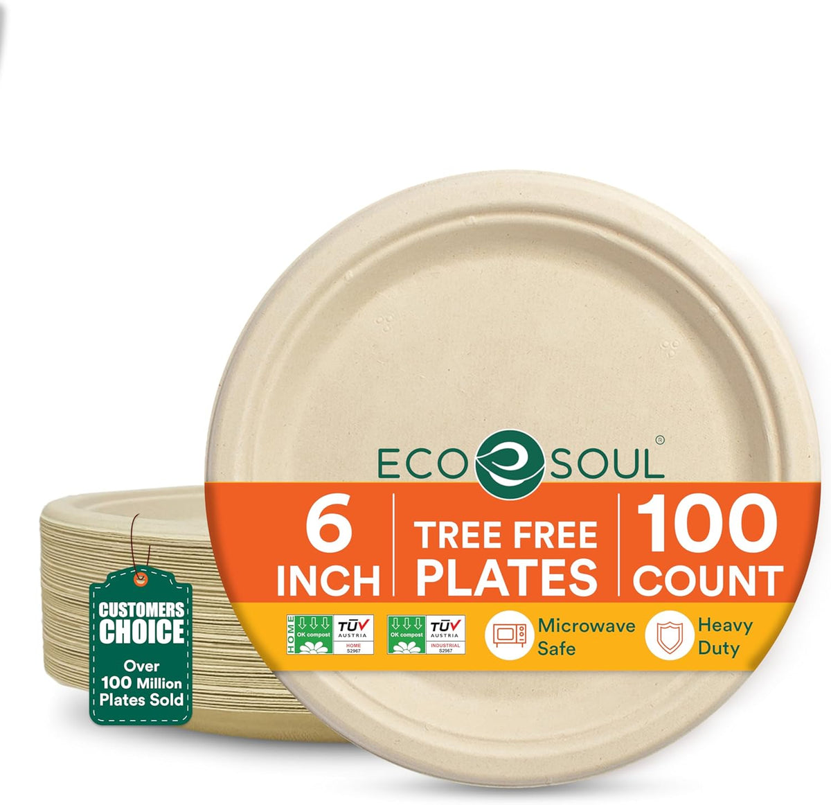 6 Inch Disposable Bagasse Paper Plates (100 Pack, Round)
