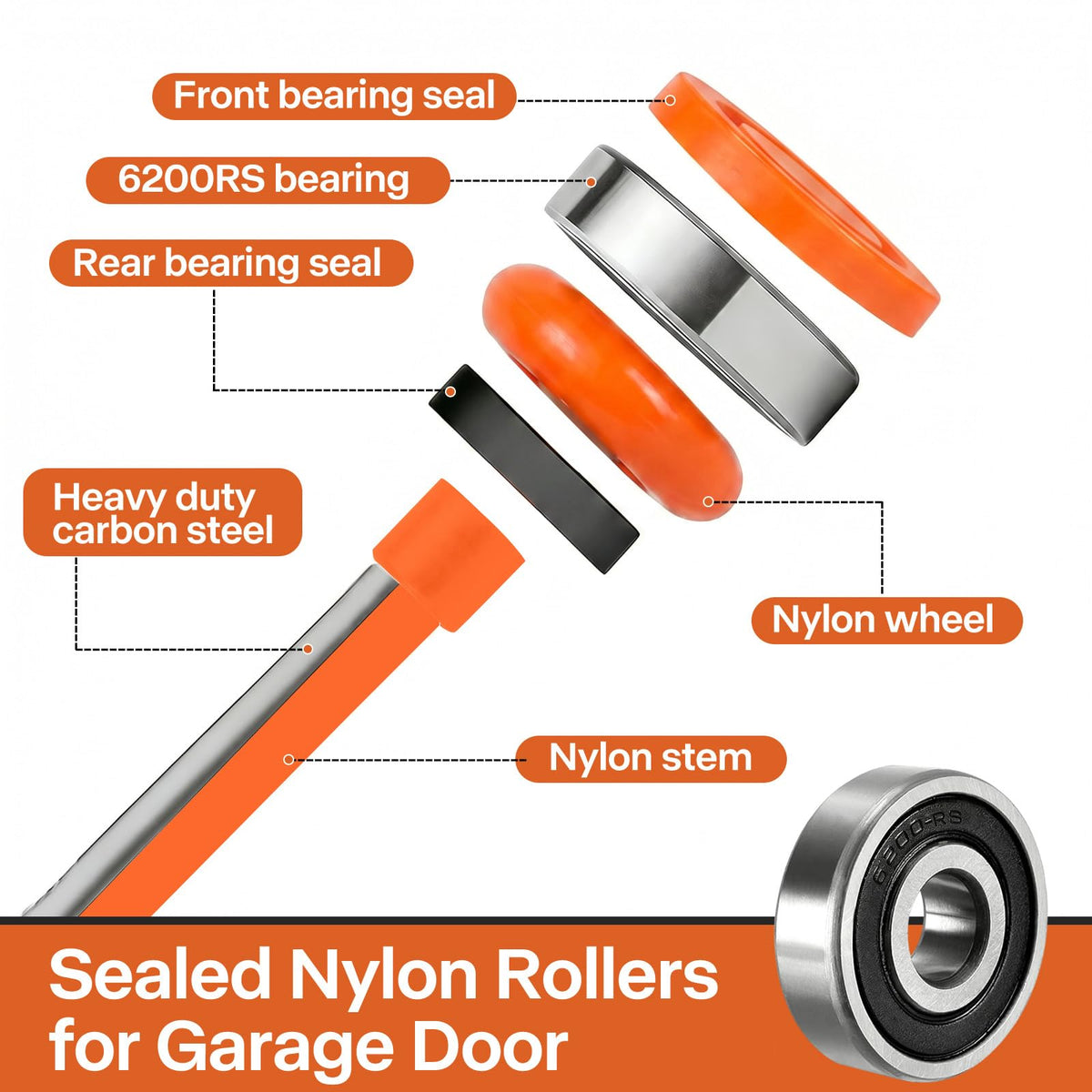 12 Pack 2" Nylon Garage Door Rollers, 4" Nylon Layer Stem
