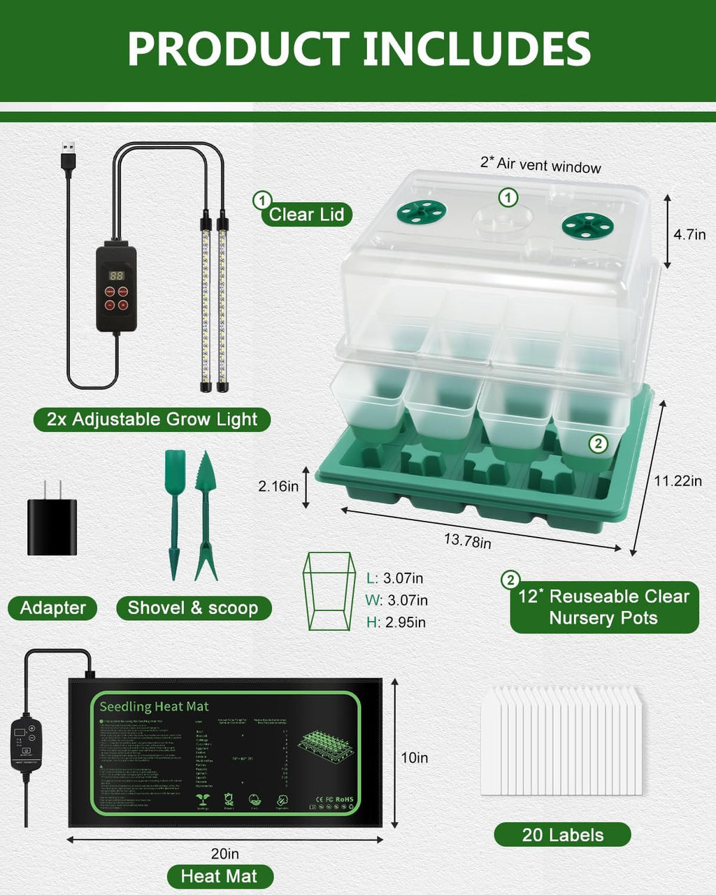 12 Cell Seed Starter Kit with Grow Light Heating Mat & Silicone Pots | Grow Light, Graphene Heating Mat, Reusable