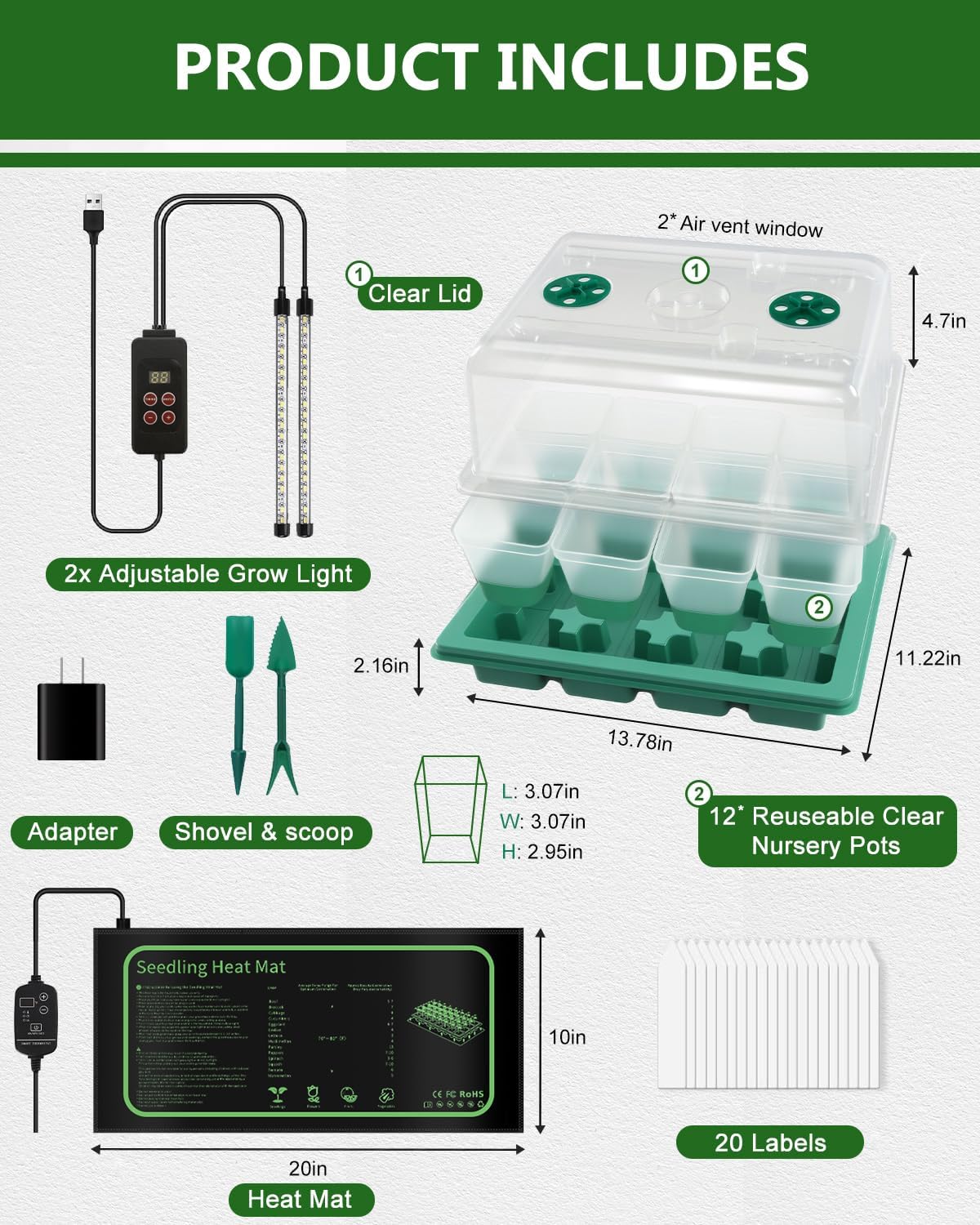 12 Cell Seed Starter Kit with Grow Light Heating Mat & Silicone Pots | Grow Light, Graphene Heating Mat, Reusable