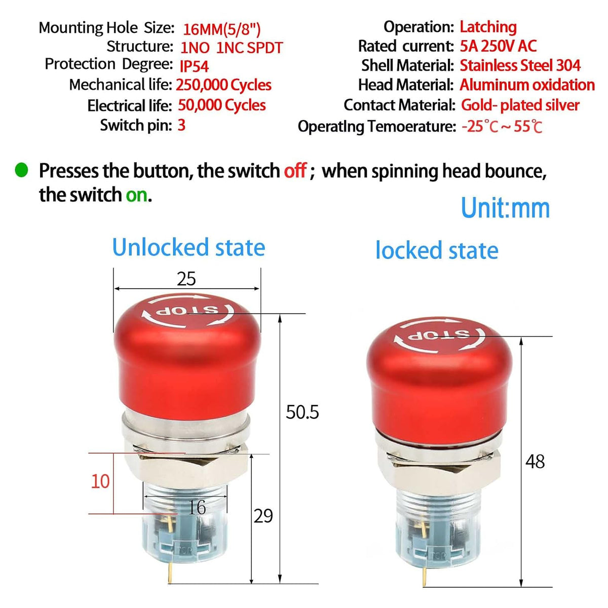 16mm /0.63" Latching Emergency Stop Push Button Switch SPDT Mushroom Stainless Steel Red with Wired Socket 120V 12V 5V-220V (16MM Small Head 1NO 1NC)
