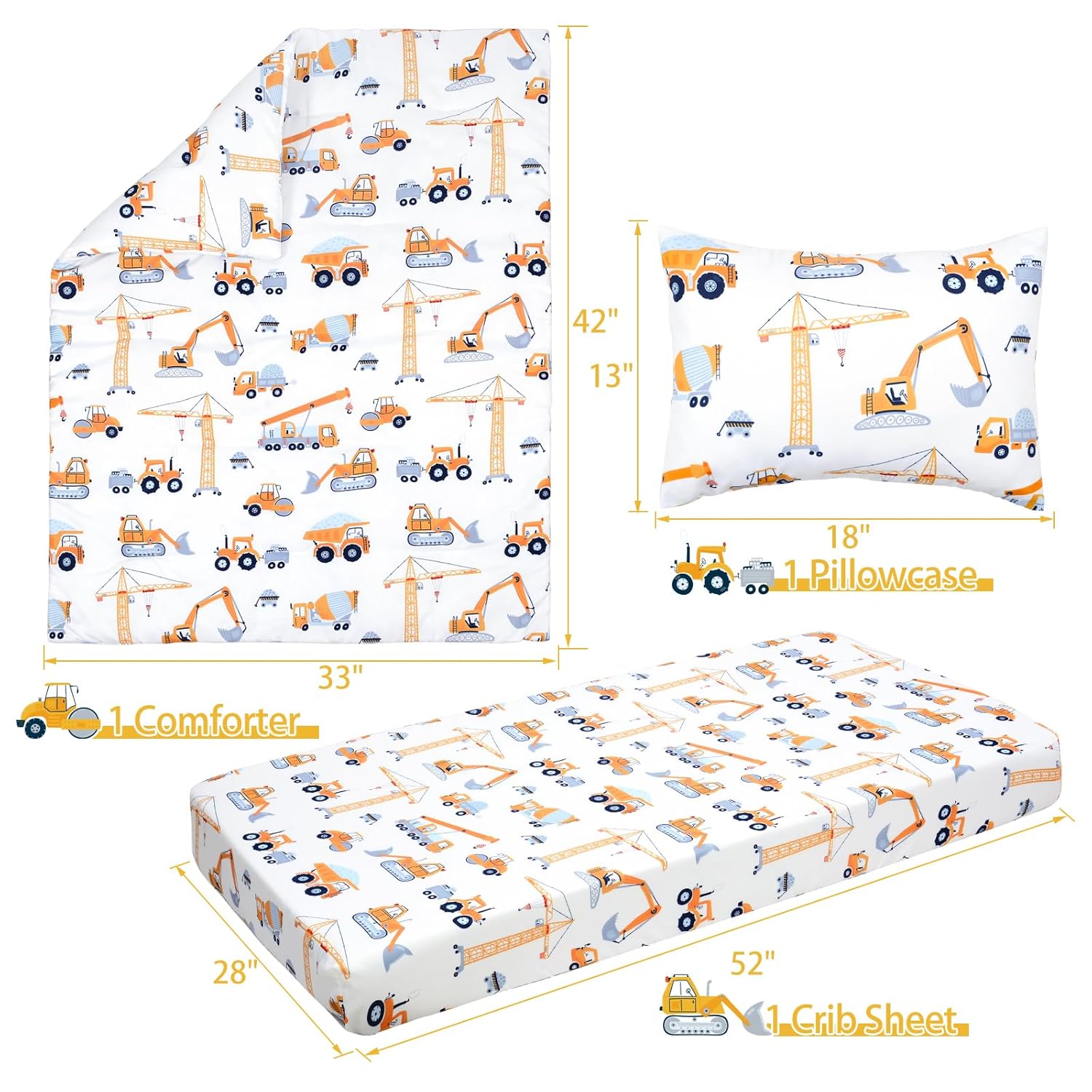 3 Piece Crib Bedding Set Soft Baby Crib Bedding Set Construction Trucks Crib Comforter Set - Comforter Sheet