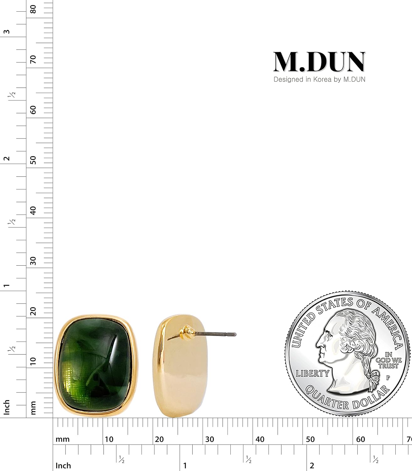 Round Edges Rectangle Shape Studs Earring. Abalone Amber Turquoise Resin Stone Design, 18k Real Gold Plated Bezel
