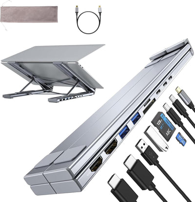 M91 Laptop Docking Station Dual Monitor Stand, 9 in 1 USB C Hub 2 HDMI 4K@60Hz, Portable Laptop Stand with USB Ports