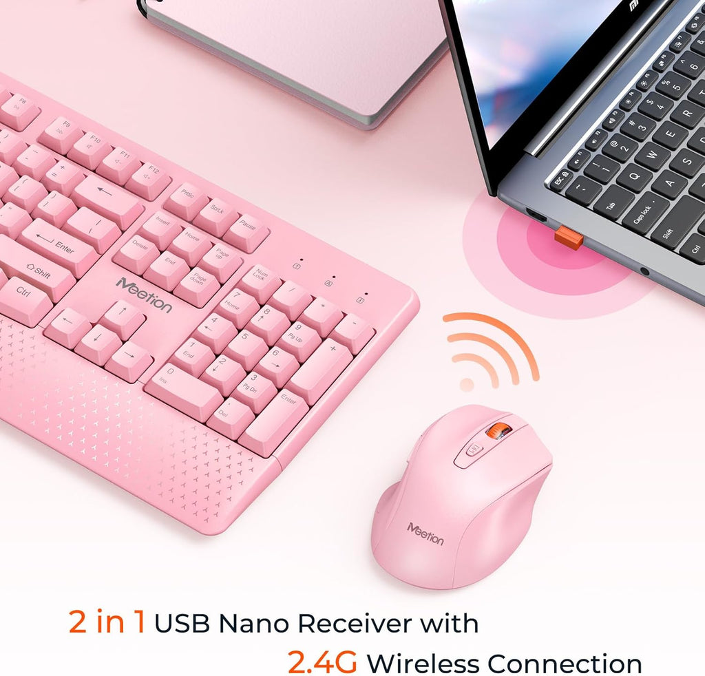 Wireless Keyboard and Mouse Combo, Full-Size with Wrist Rest, Pink | 2.4GHz USB receiver, 3 adjustable DPI mouse