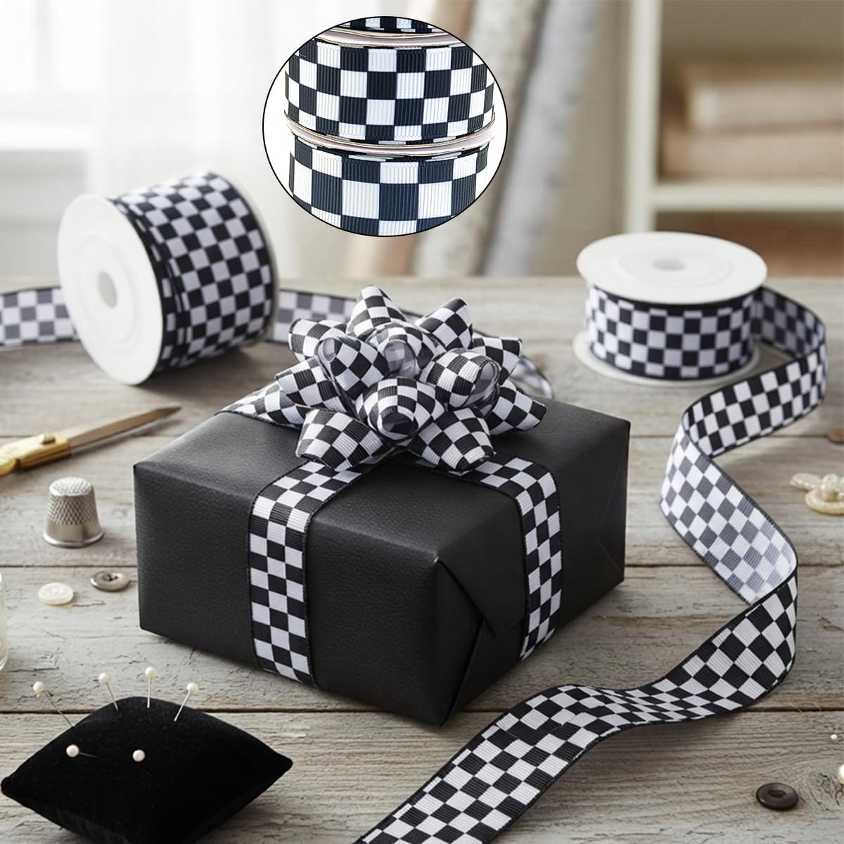 3 Roll Black and White Checkered Print Grosgrain Ribbon for Craft