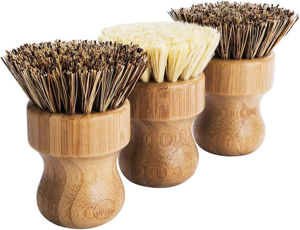 Palm Pot Brush- Bamboo Round 3 Packs Mini Dish Brush Natural Scrub Brush Durable Scrubber Cleaning Kit with Union